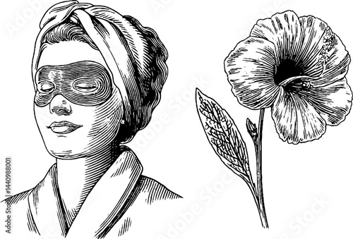 Vintage spa illustration with facial mask and hibiscus flower for wellness design