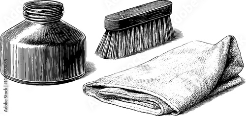 Vintage engraved set of stain remover tools with bottle, brush, and cloth for cleaning