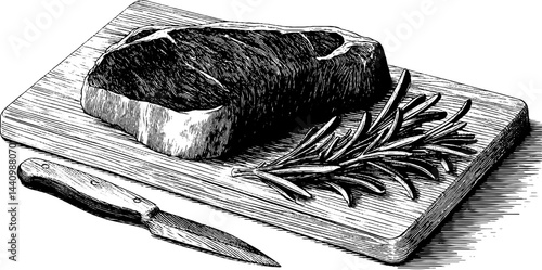 Engraved illustration of steak and rosemary on wooden cutting board