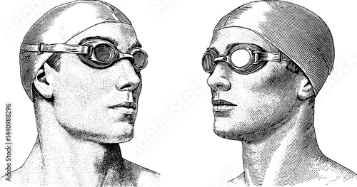 Vintage engraved swimmer with goggles illustration for sports design projects