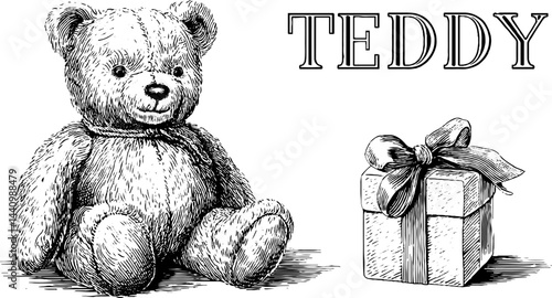 Engraved vintage illustration of teddy bear with ribbon. Cute birthday gift design, detailed holiday party poster.