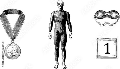 Engraved triathlete illustration set with wetsuit, medal, and goggles for sports design