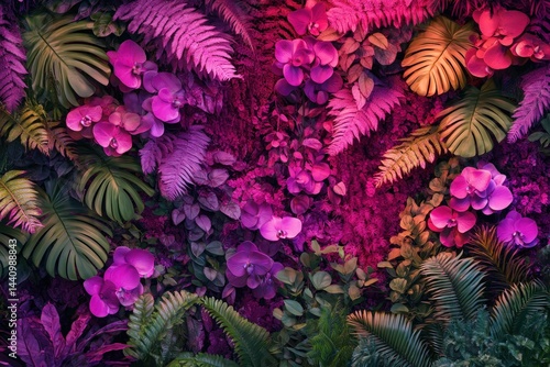 Vibrant floral wall display with tropical plants.
