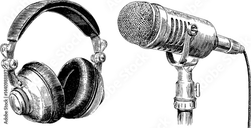 Vintage engraved illustration of voice acting equipment with headphones and microphone