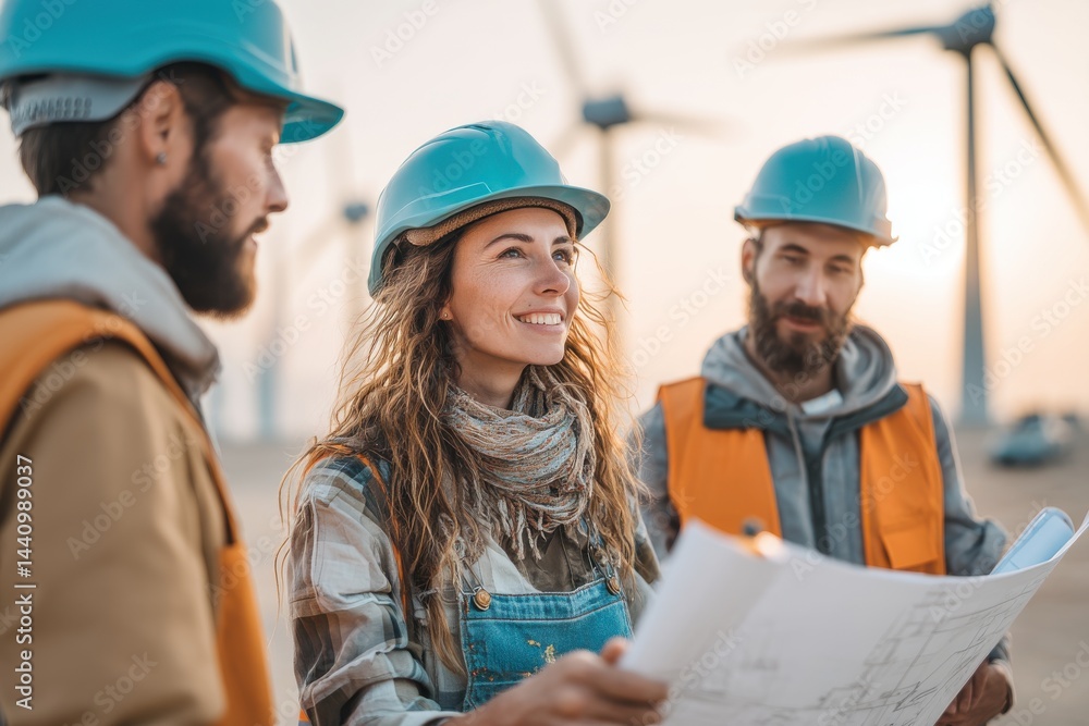 Engineers collaborate on a wind farm project, reviewing blueprints against a backdrop of turbines, emphasizing sustainable energy and teamwork in the industry. Engineers collaborate on a wind farm project, reviewing blueprints against a backdrop of turbines, emphasizing sustainable energy and teamwork in the industry.