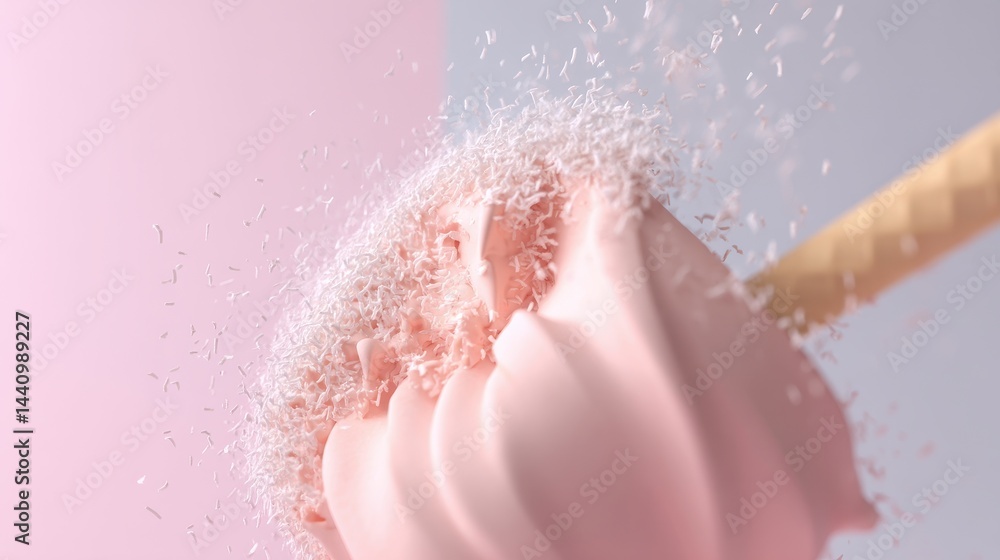 Fototapeta premium creative summer Soft pink ice cream with sprinkles against a pastel background.