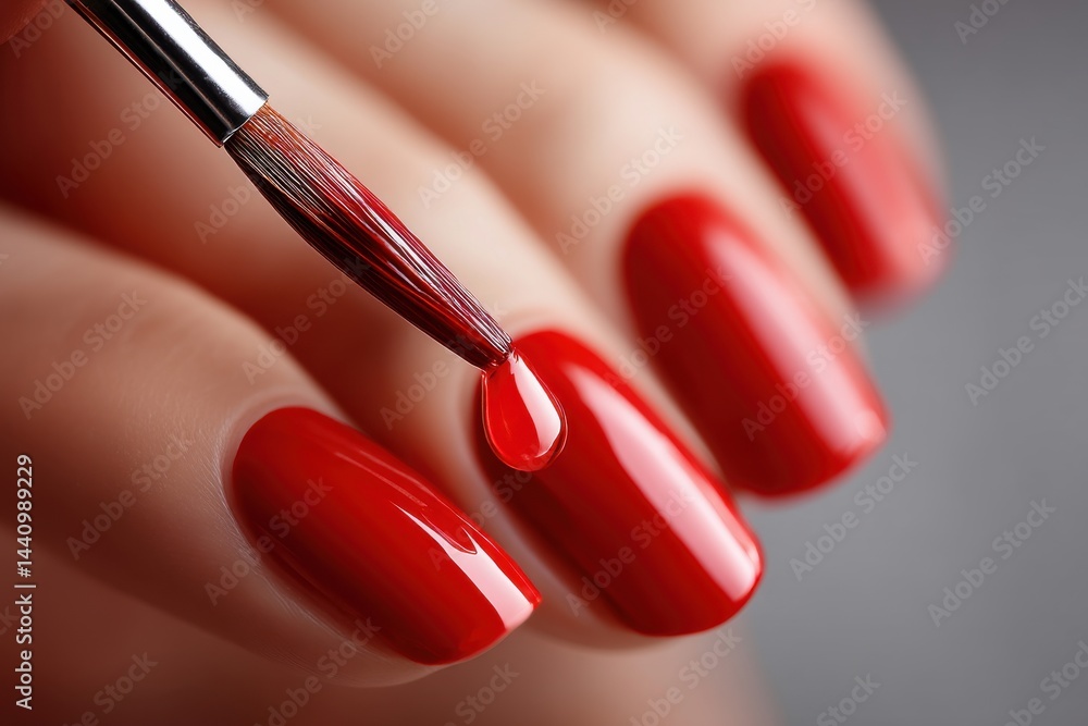 Obraz premium Close-up shot of a nail artist applying glossy red nail polish with a brush, showcasing the manicure process and smooth, vibrant color on the nails.