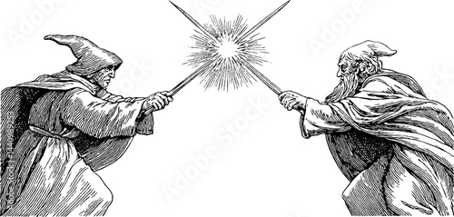 Vintage engraved illustration of a wizard duel with magical energy burst