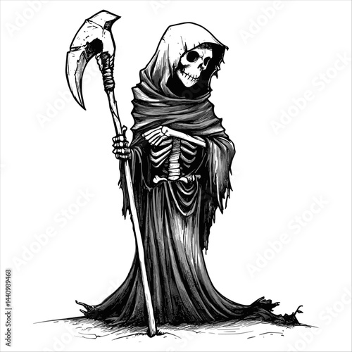 Grim Reaper with Scythe and Hood White Background