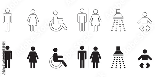 toilet icon set, toilet symbol, bathroom icon set, customizable stroke, vector, illustration