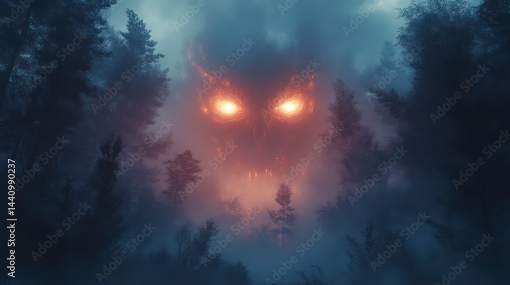 Naklejka premium Eerie Forest with Glowing Eyes A Mysterious and Haunting Night Scene