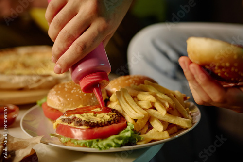 Fotografi A close-up of persons hands adding sauces on homemade burger with fresh lettuce