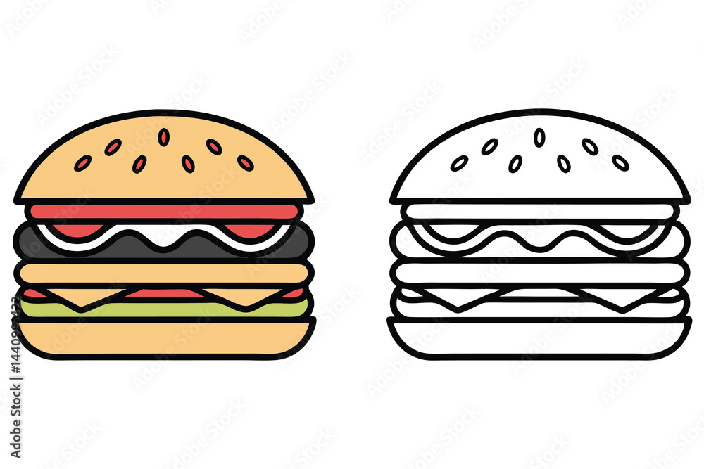 Burger With Color And Line Art On White Background, Isolated Design Elements Burger With Color And Line Art On White Background, Isolated Design Elements