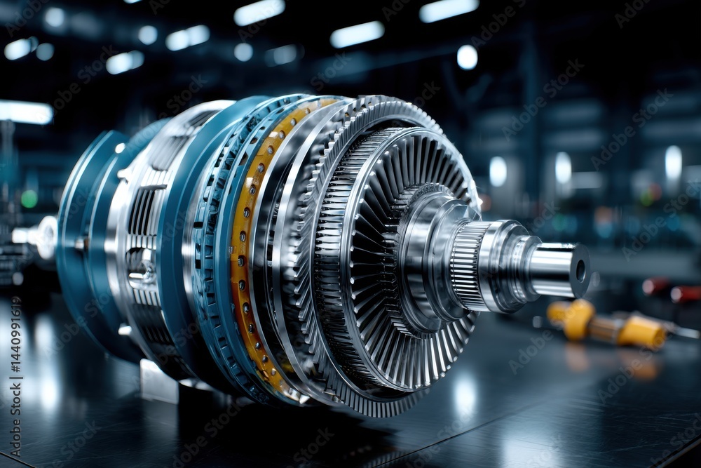 Fototapeta premium Close-up of a highly intricate industrial turbine engine, showcasing precision engineering and cutting-edge technology, designed for high efficiency and reliability.