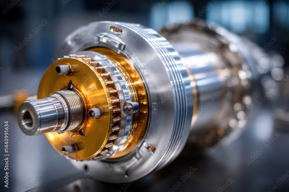 Fototapeta premium A close-up shot of a high-precision industrial machine component showcasing intricate design and engineering, highlighting the complexity of modern manufacturing processes.