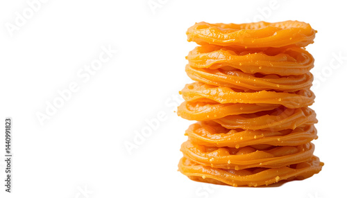 Stack of Golden Orange Jalebis Isolated on White for Indian Sweet Concepts: Traditional Dessert Imagery: Jalebi, Isolated, White, Indian, Sweet, Dessert, Traditional, Golden, Orange,PNG.