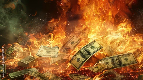 A close-up image of stacks of hundred dollar bills burning in a blaze of fire.