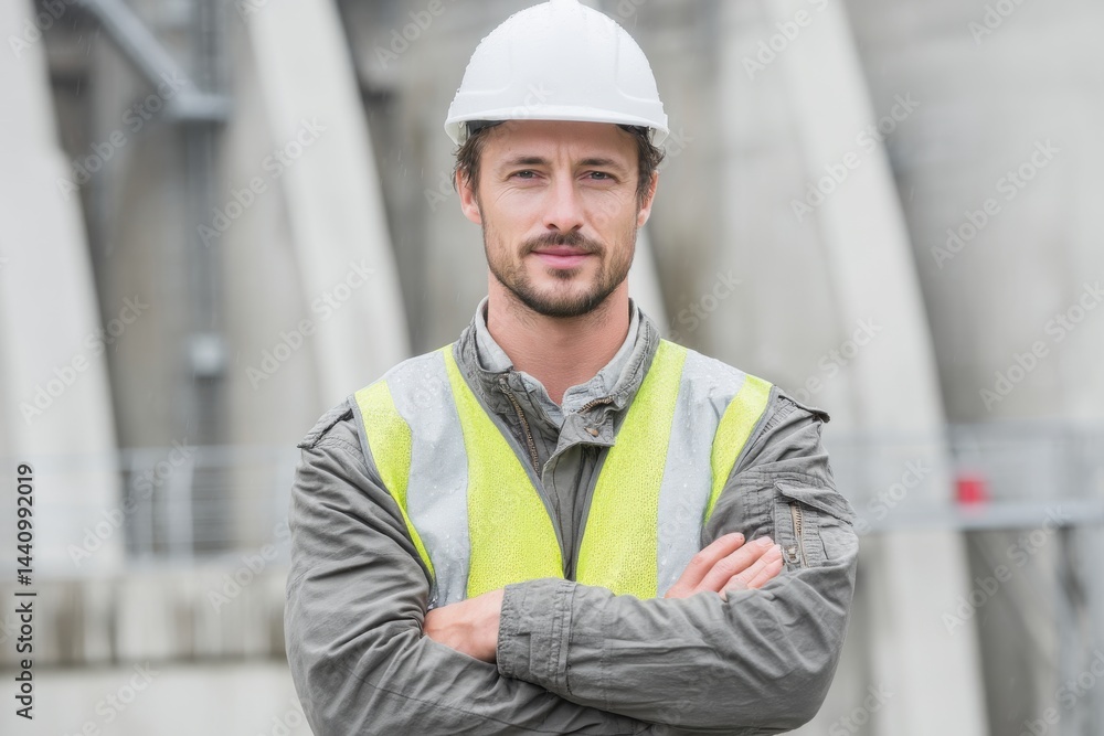 Confident engineer with arms crossed standing near dam infrastructure on a rainy day, wearing a white hard hat and reflective safety vest for construction site safety. Confident engineer with arms crossed standing near dam infrastructure on a rainy day, wearing a white hard hat and reflective safety vest for construction site safety.