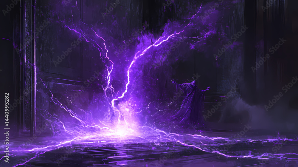 Obraz premium An ethereal depiction of a radiant violet lightning bolt forging across a smoky black stage, subtle sparks drifting in the electrical wake,. Waking Smithy. Illustration