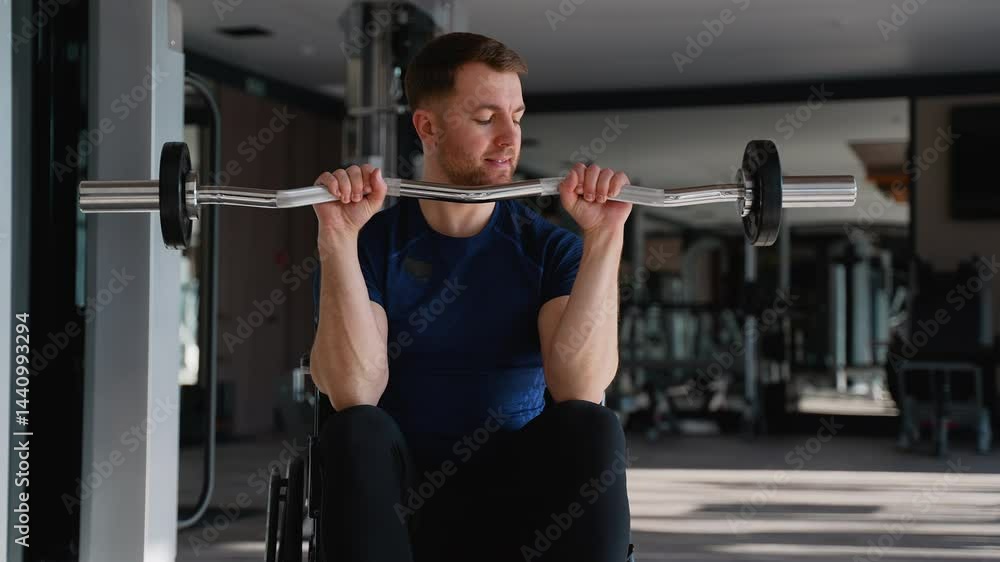 Man in wheelchair curling EZ bar during gym workout Man in wheelchair curling EZ bar during gym workout