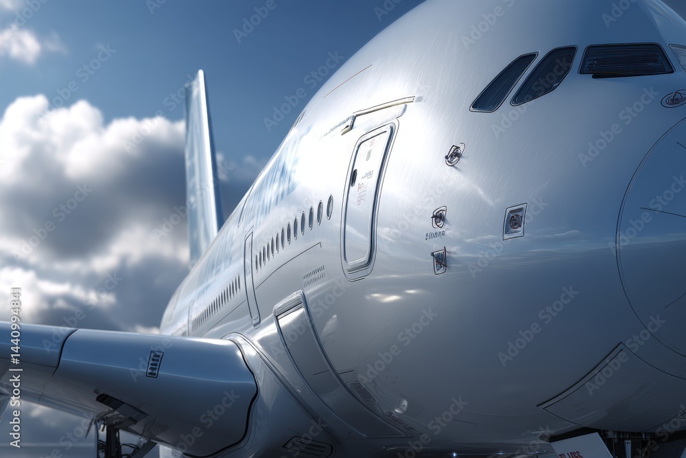 Obraz premium A close-up view of a large passenger airplane against a backdrop of a cloudy sky, showcasing the sleek design and powerful presence of modern aviation technology.