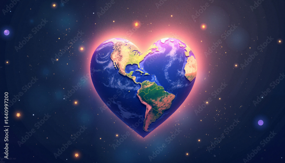 Naklejka premium Heart-shaped Earth floating in cosmic backdrop, symbol of peace