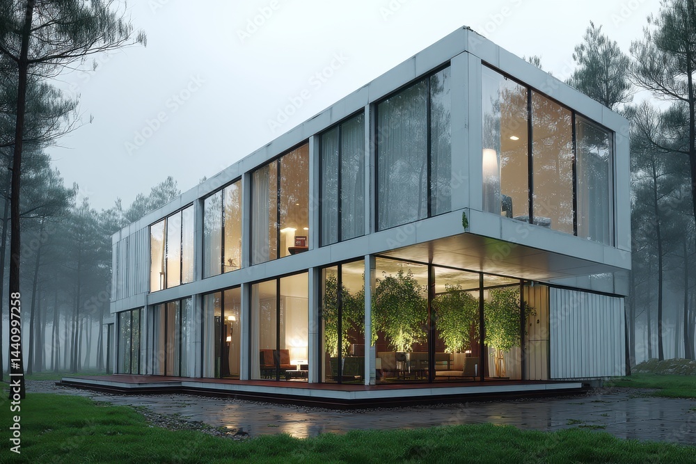 A modern glass house exterior surrounded by pine trees, large reflective windows, clean flat roof design, soft studio lighting emphasizing geometric lines, forest landscape softly blurred behind. A modern glass house exterior surrounded by pine trees, large reflective windows, clean flat roof design, soft studio lighting emphasizing geometric lines, forest landscape softly blurred behind.