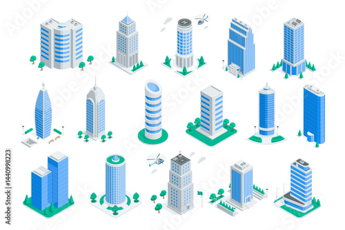isometric vector skyscrapers set and flying helicopter, in color on white background, city buildings and elements