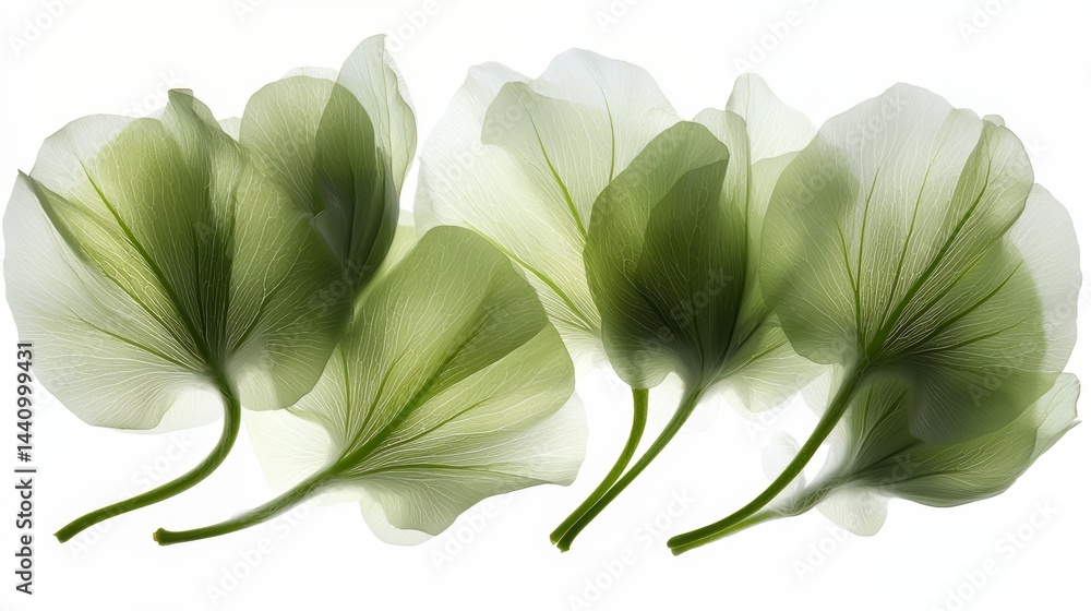 Obraz premium Four green leaves are arranged in a row. The leaves are very thin and delicate, and they appear to be floating in the air