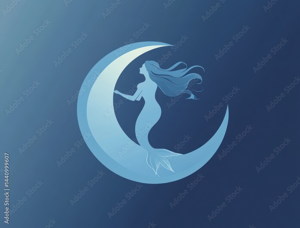 Fototapeta premium Mermaid on Crescent Moon, Elegant Silhouette, Mystical Scene, Stock Image