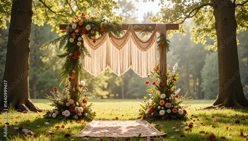 Fototapeta premium Boho altar adorned with flowers in serene forest, wedding celebration