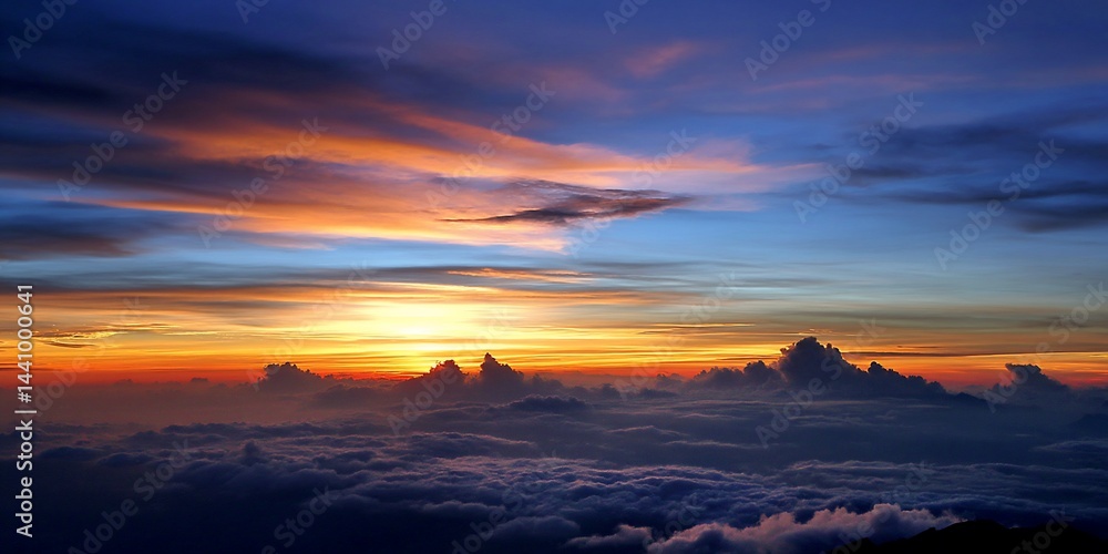 Fototapeta premium Sunrise above clouds, mountain range. Aerial view. Possible use Stock photo for nature, travel, or inspirational projects