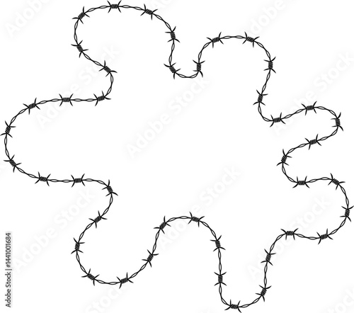 Barbed wire creating a shape with curvy extensions and continuous flowing paths.