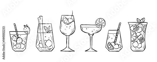 Big set of hand-drawn line sketches with different types of mocktails isolated on white background. Illustration collection of party drinks with fruits, straw and ice for logo, menu, or web banner.