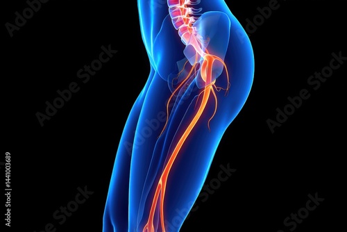 Sciatic nerve showing through blue silhouette of human body