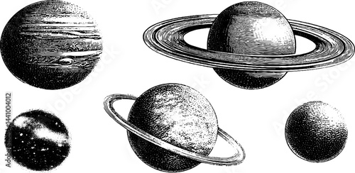 Vintage engraved planetary illustrations of celestial bodies and stars for space-themed design