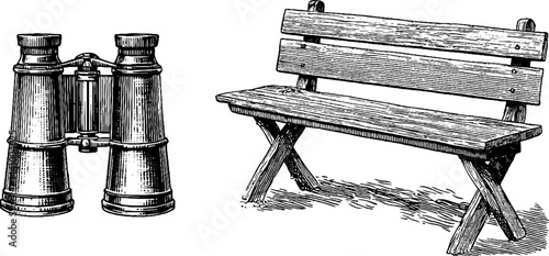 Vintage grandpa birdwatching illustration with binoculars and park bench