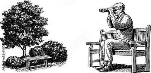 Vintage style engraved illustration of grandpa birdwatching in park setting