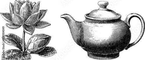 Vintage engraved illustration of chinese tea server with lotus flower for cultural design and decoration