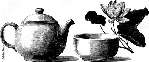 Traditional chinese tea set with lotus flower engraving for cultural design