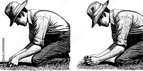 Engraved illustration of a farmer planting seeds in a field for agricultural design