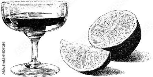 Engraved cocktail art featuring margarita with lime slices for bar decor