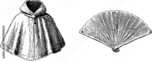 Vintage engraved illustration of cloak and concealed dagger design for historical themes