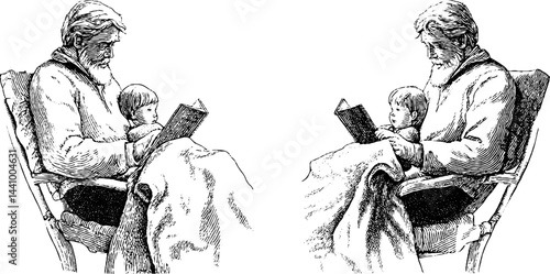 Vintage illustration of grandpa reading bedtime story to child