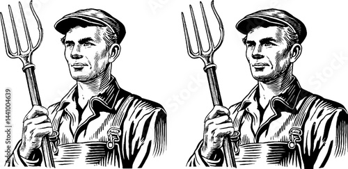 Engraved illustration set of farmer holding pitchfork in rustic style