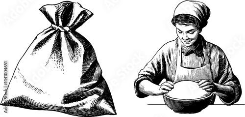 Grandma baking bread - traditional baking scene with flour sack and mixing grandma