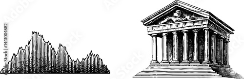 Engraved illustration of central bank building and data chart for financial concepts