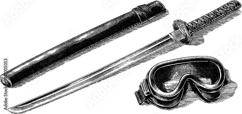 Intricate engraved illustration set of ninja sword with sheath and goggles design