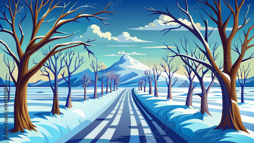 The rural path cuts through fields of frozen white.
Skeleton trees stand solemnly along the road.
Above, a cloudless blue sky stretches endlessly.
A peaceful hush blankets the winter landscape.

