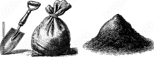 Vintage engraving of gardening tools with potato sack and soil pile for agricultural design